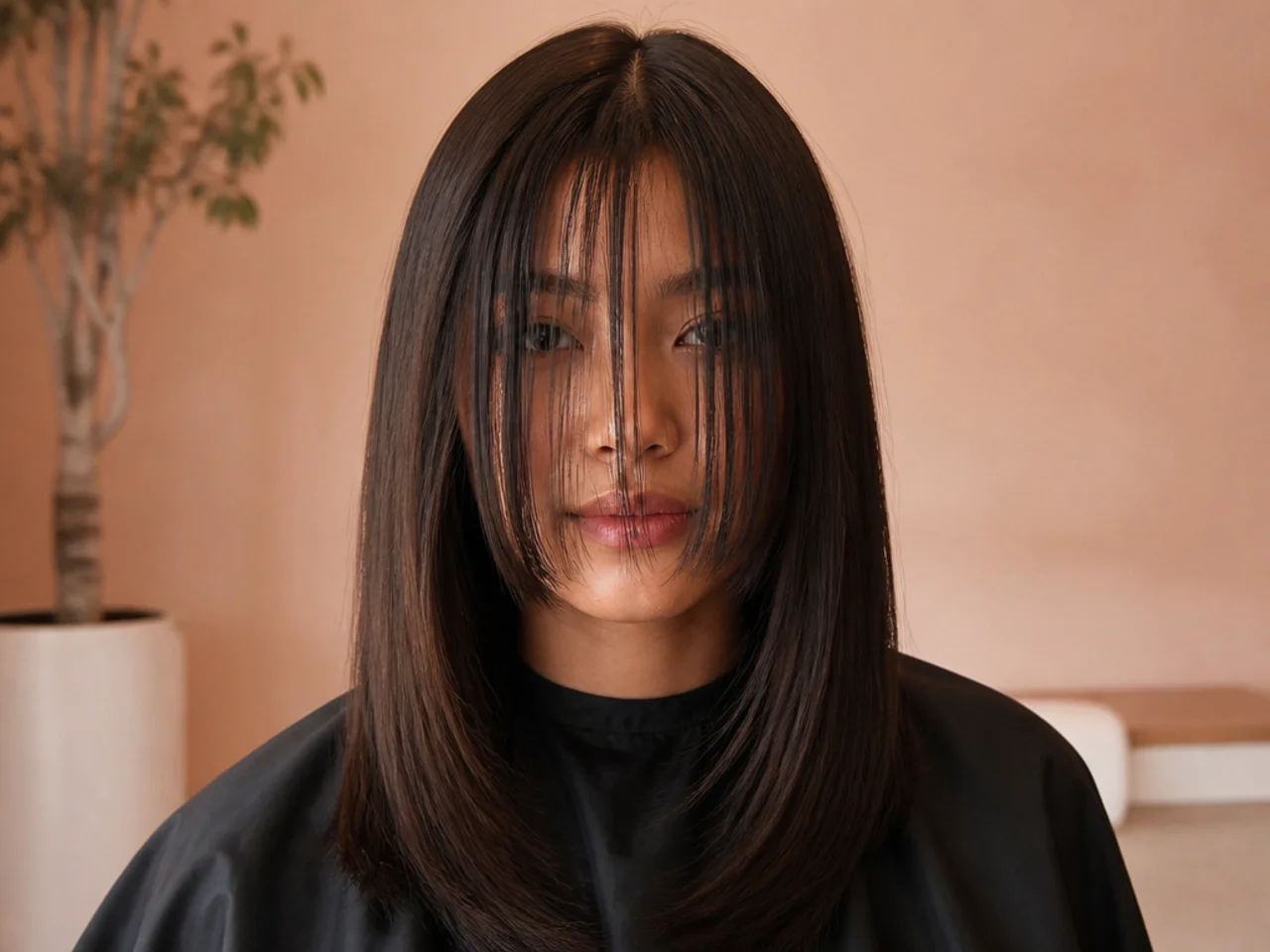 A first cut of a fringe sitting well below the chin before being shortened