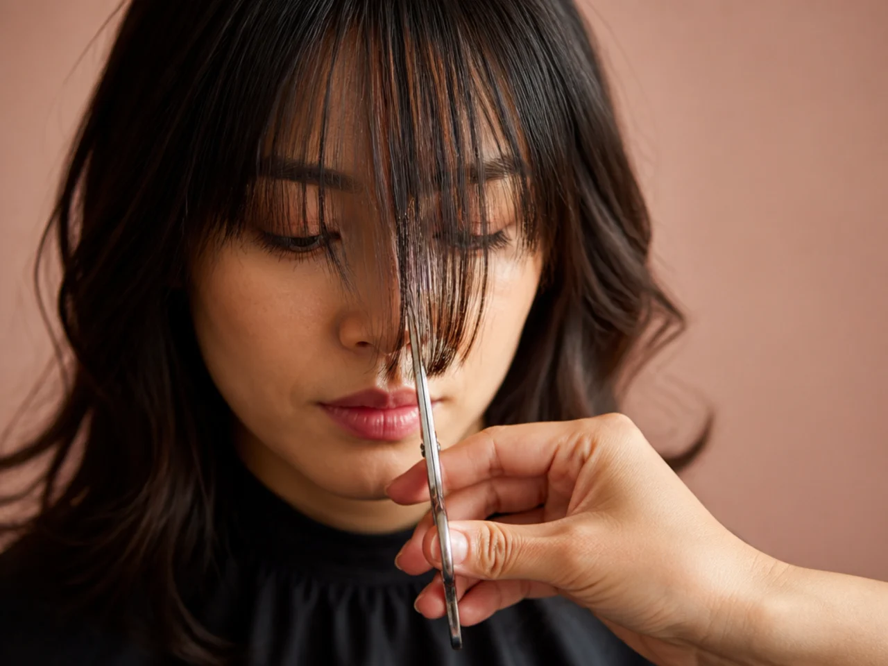 Shears held vertically snipping into the ends of a fringe section