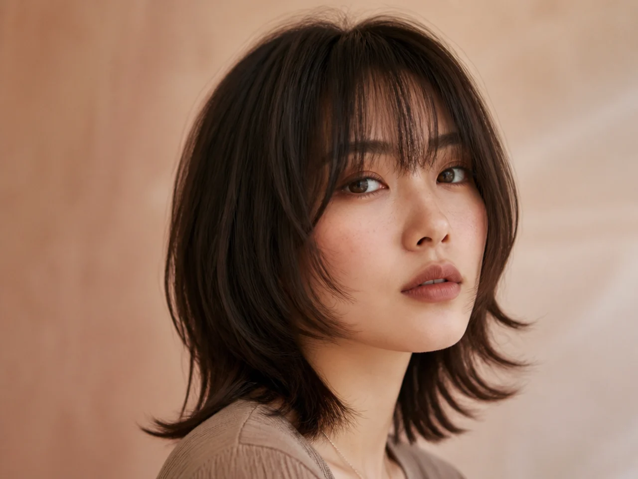 A fringe with its shortest point level with the cheekbones on both sides