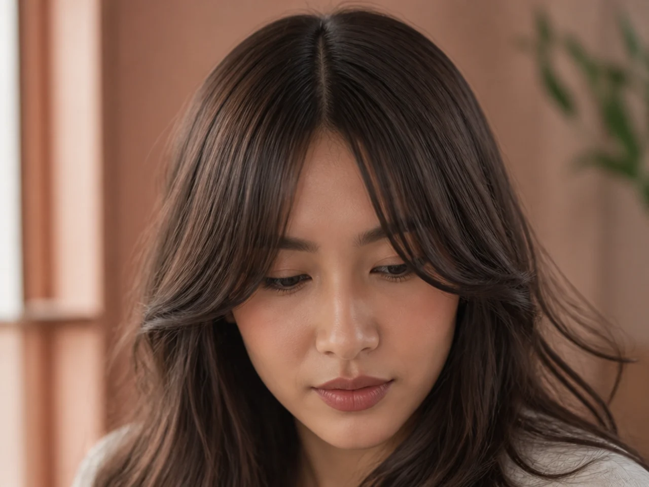 A fringe splitting open along an established centre parting