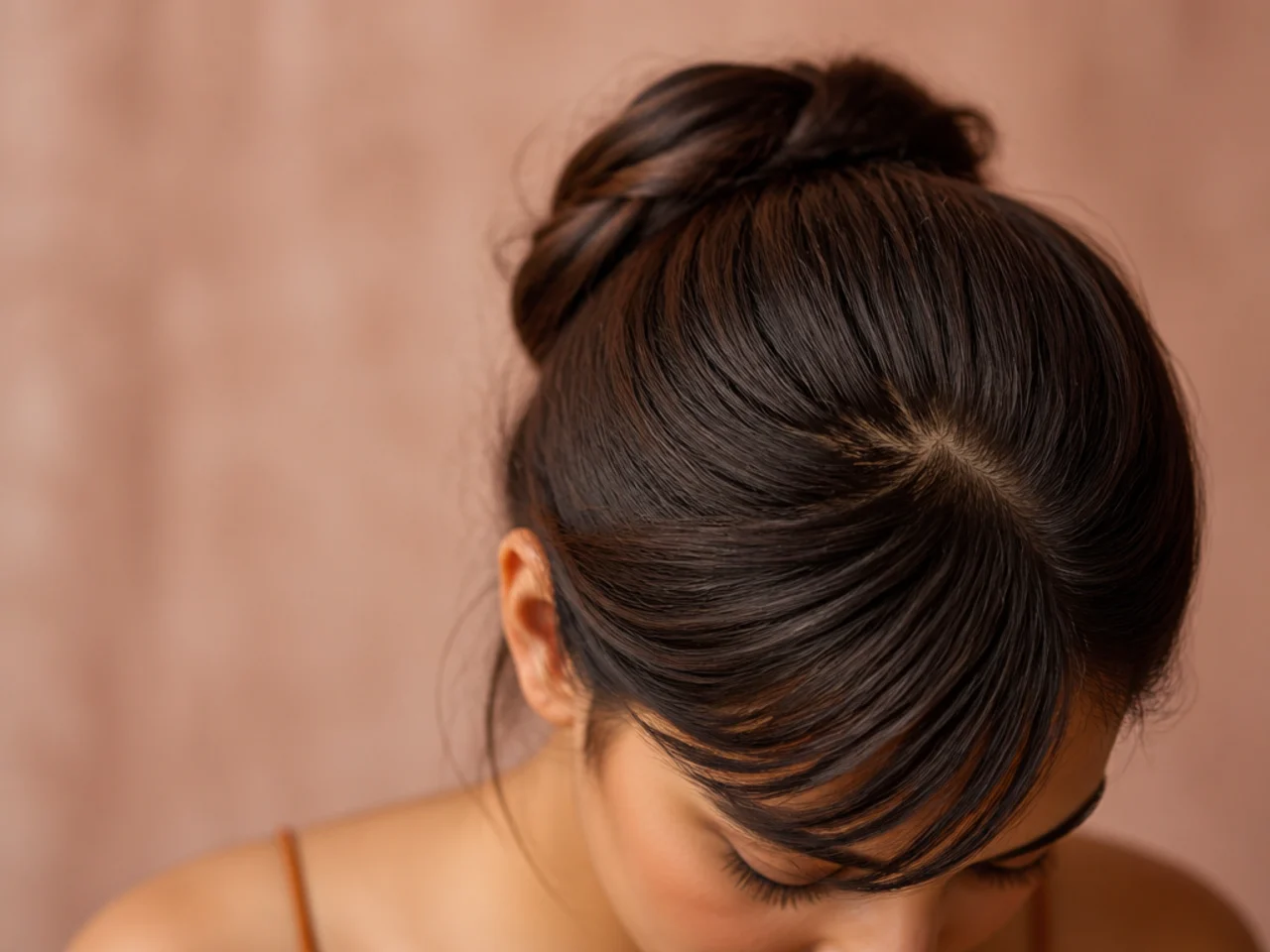 A wide fringe section lying flat over a strong hairline swirl