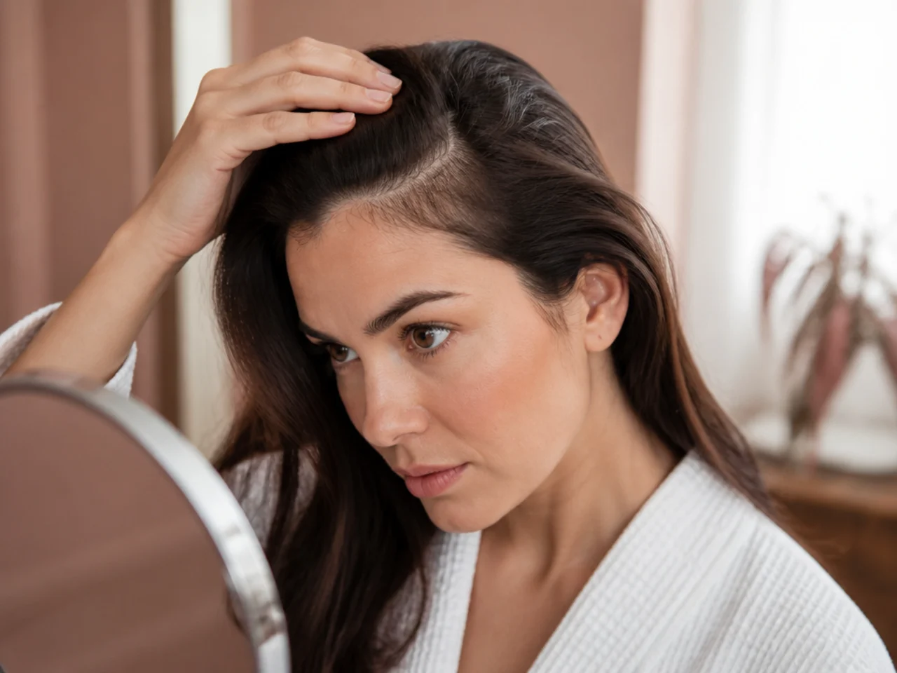 A hairline being examined in a mirror with a natural swirl visible at the front