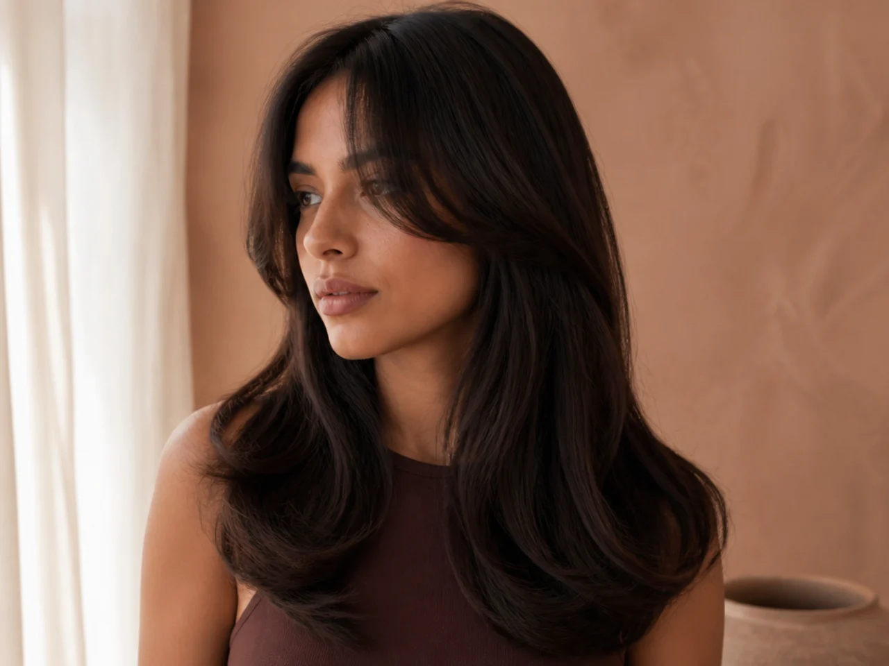 Three quarter view of long hair with a tapered split fringe framing the face