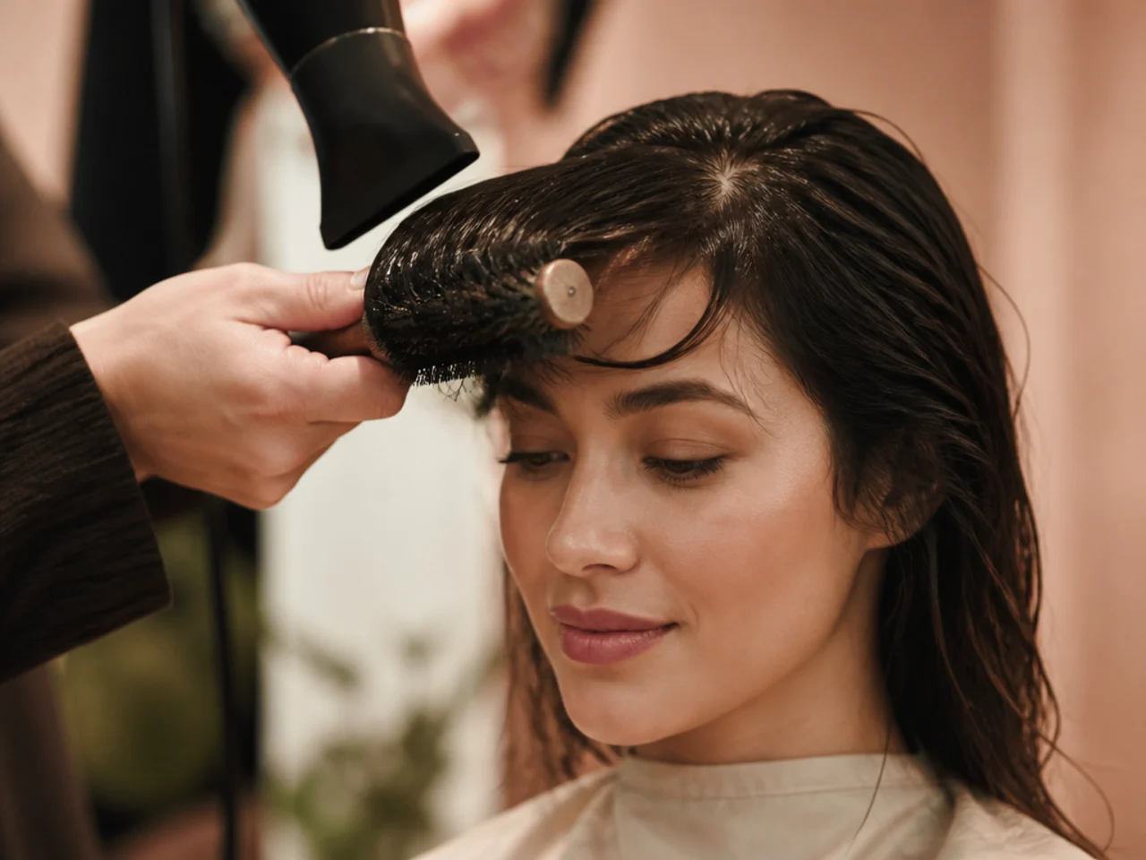 A wide round brush setting a soft outward bend into a damp fringe