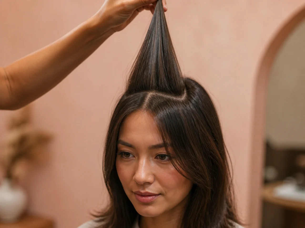 A triangular section of hair lifted at the crown showing the shape a fringe is cut from