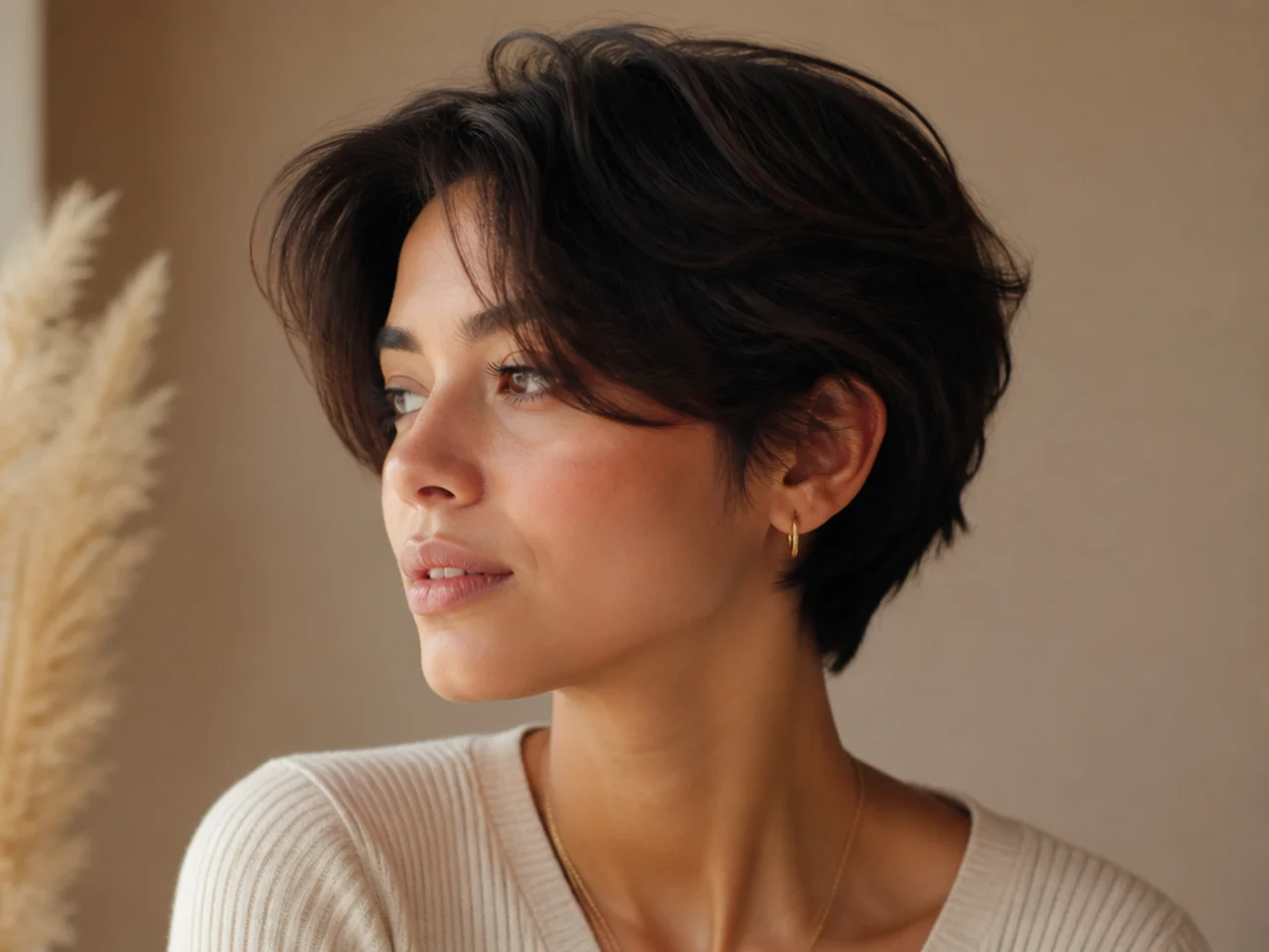A long pixie cut with curtain bangs sweeping to both sides