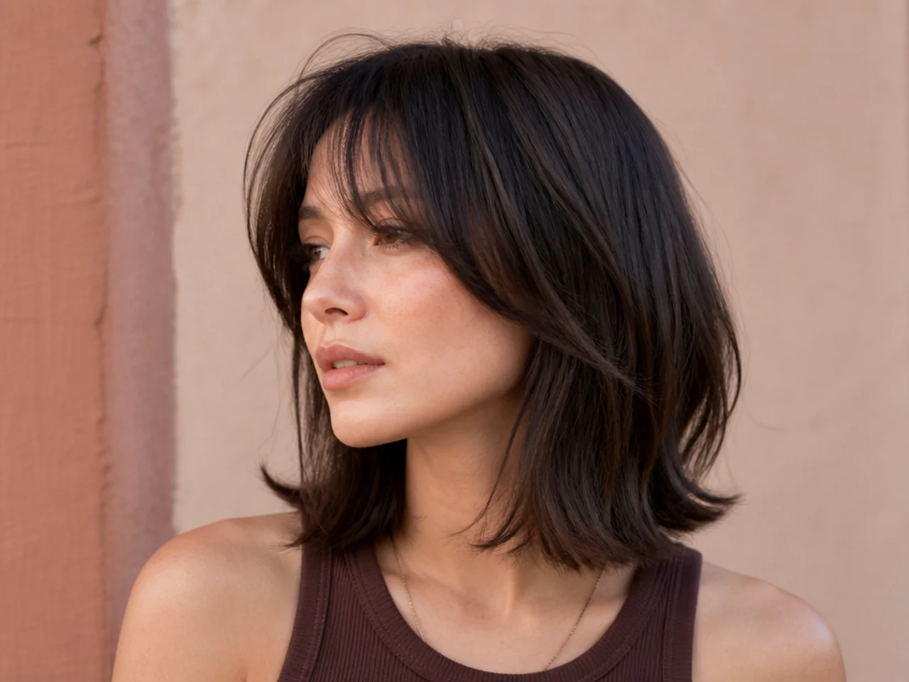 A shoulder skimming lob on fine hair with long curtain bangs