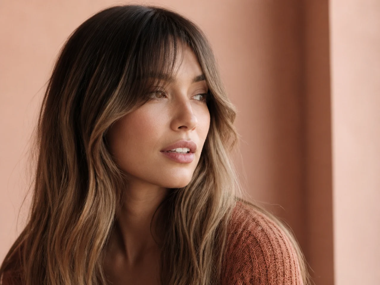 Fine hair curtain bangs with a darker root fading into lighter ends