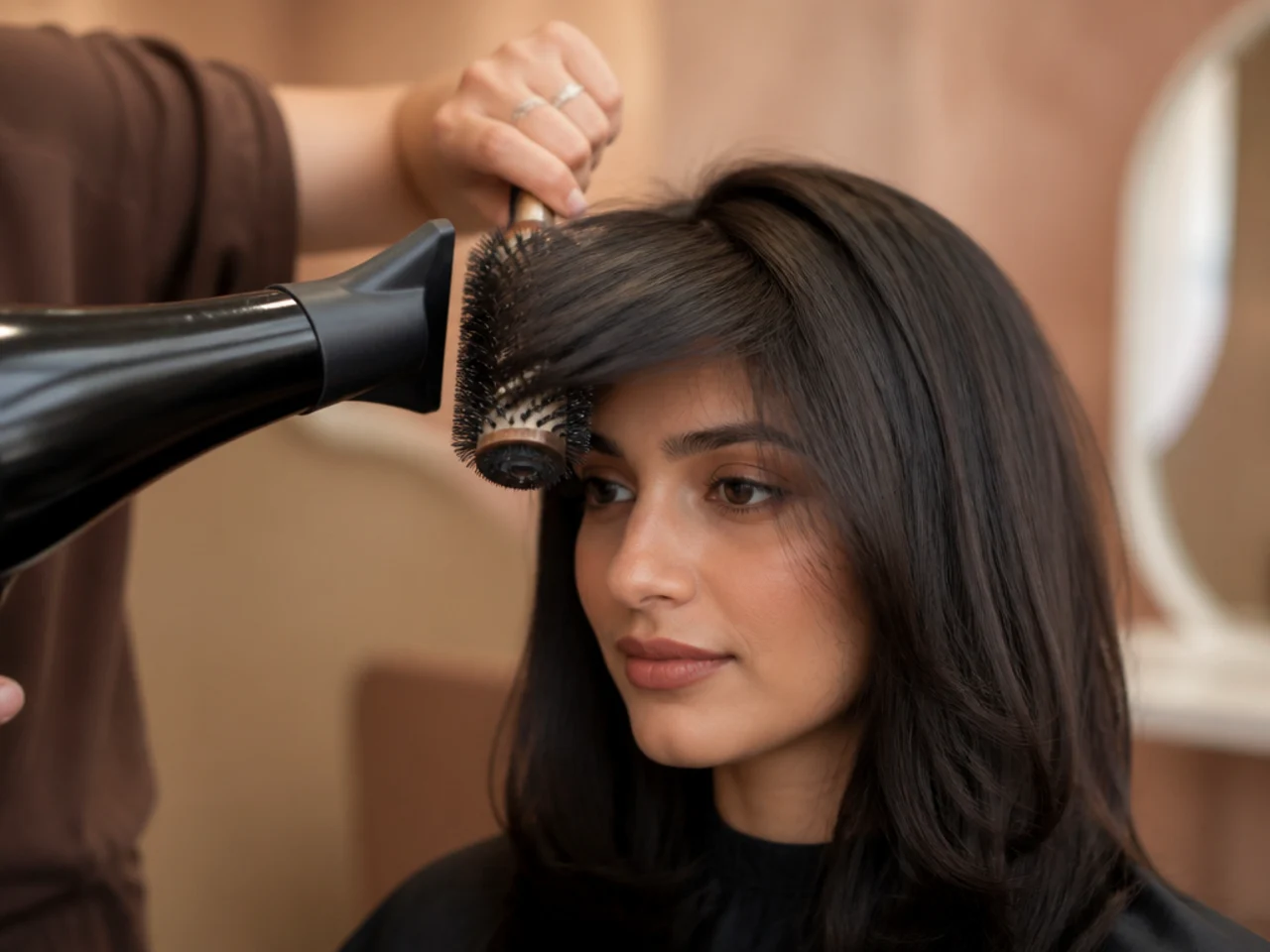 A round brush drying a fringe forward and across with a hairdryer