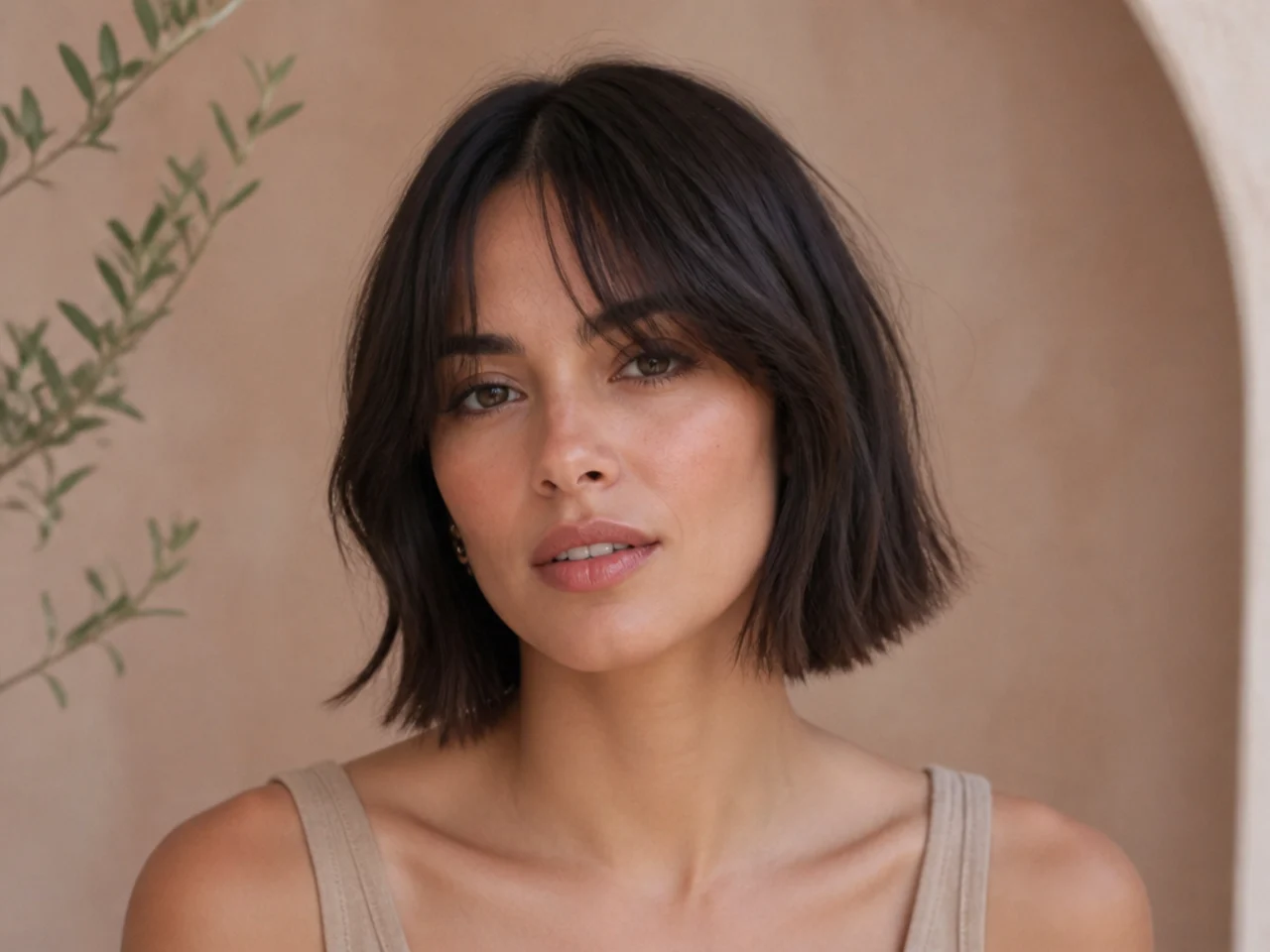 A short curtain fringe grazing the eyebrows on either side of a centre split