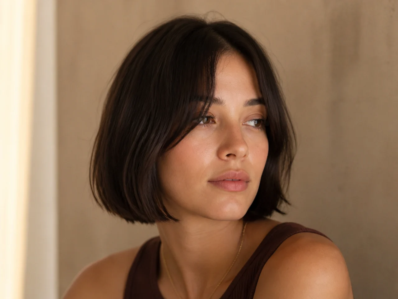 A blunt chin length bob on fine hair with centre parted curtain bangs