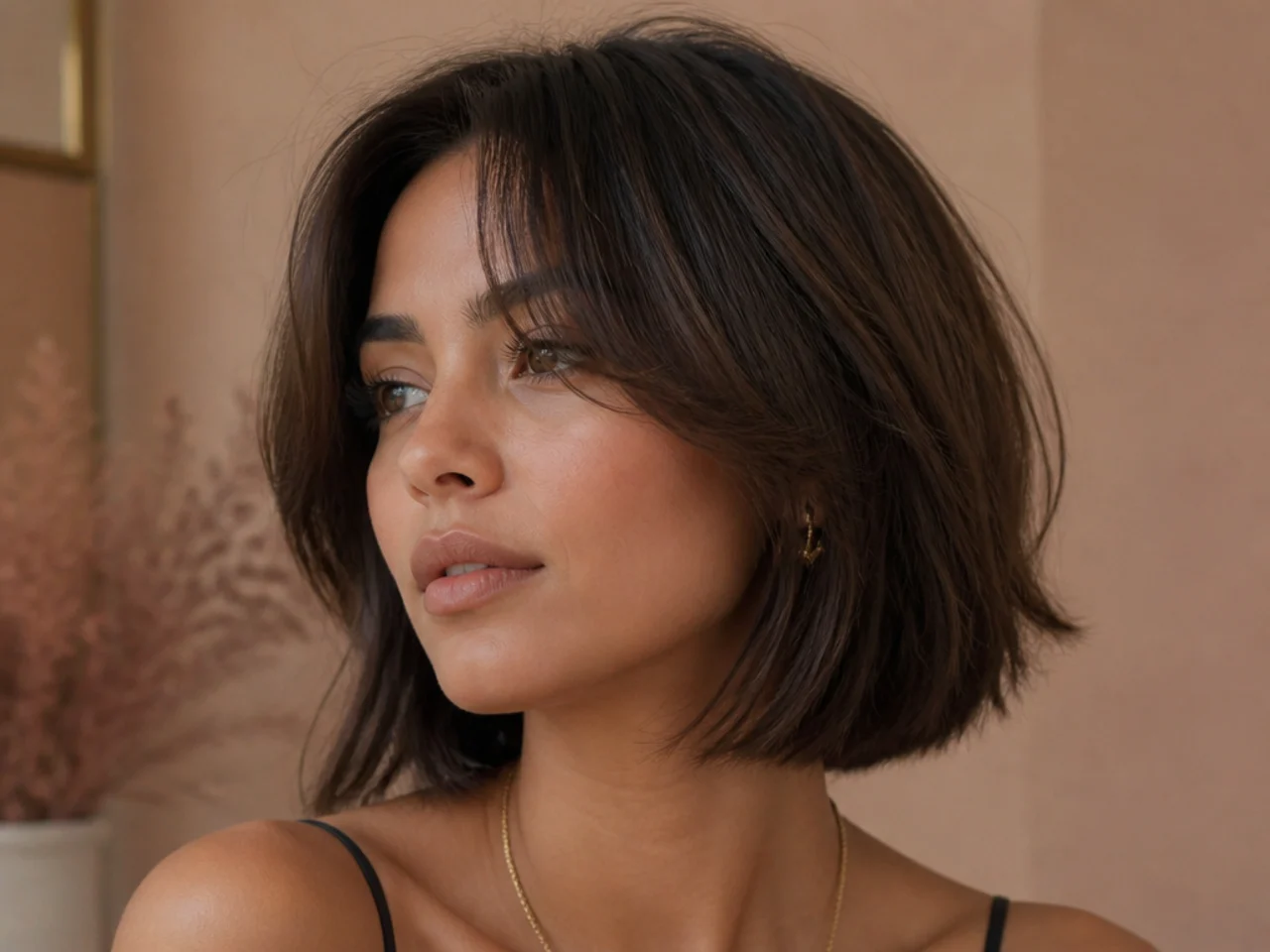 A chin length bob with curtain bangs blending into the front lengths