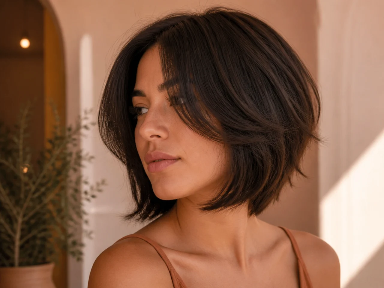 A stacked graduated bob with curtain bangs seen from a three quarter angle