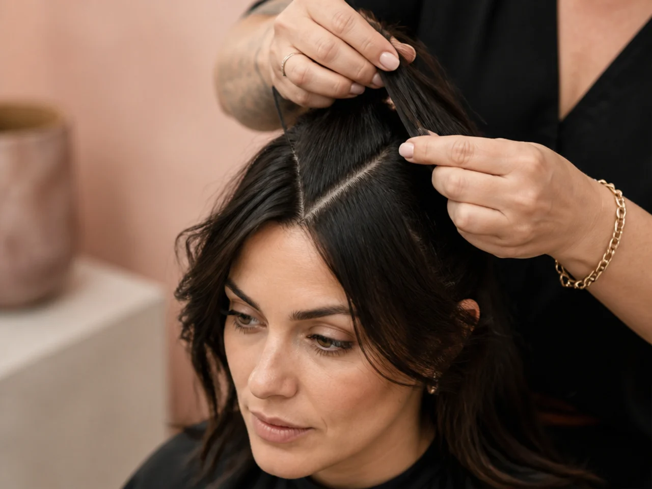 A stylist parting a deep triangular fringe section back toward the crown
