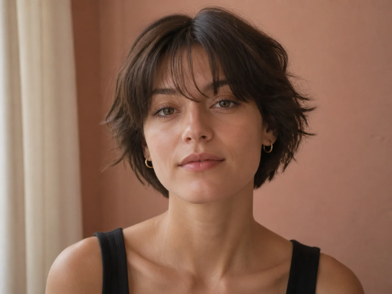 Front view of short fine hair with well cut curtain bangs in daylight