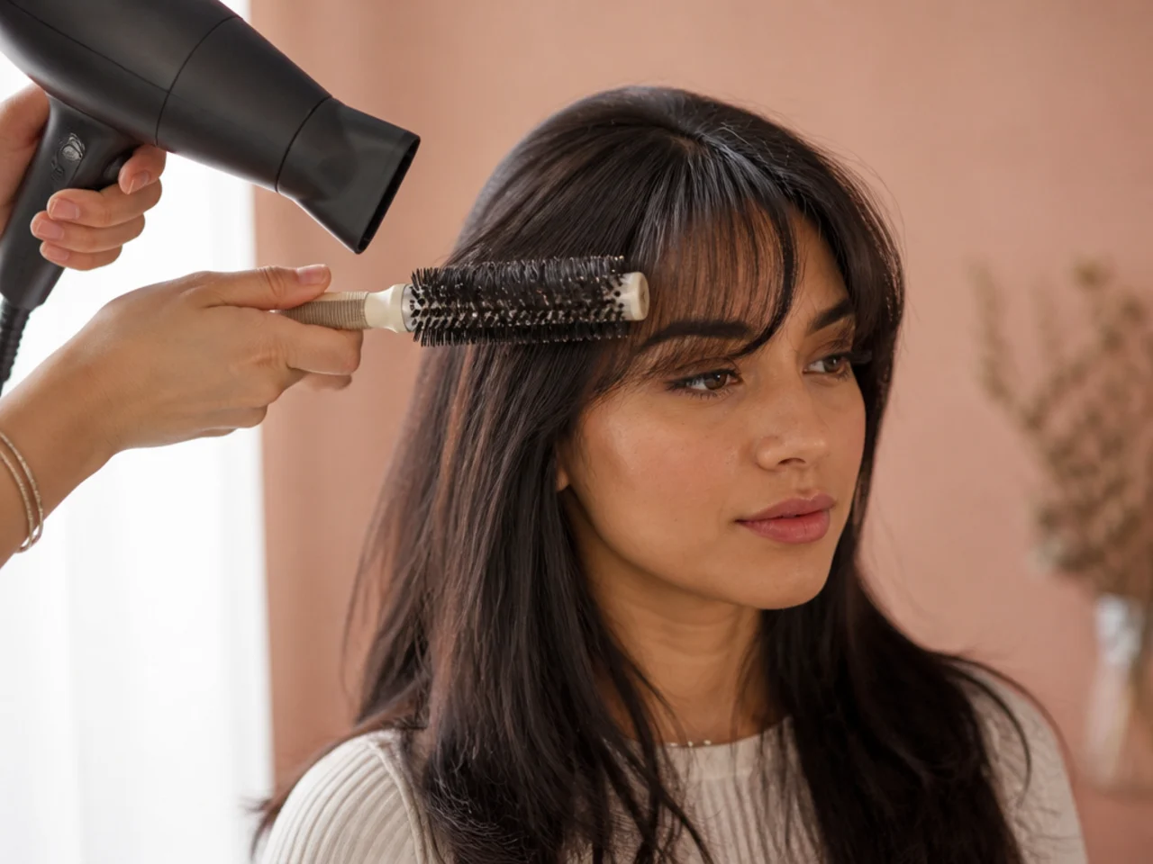 A hairdryer drying a fringe sideways across the forehead with a brush