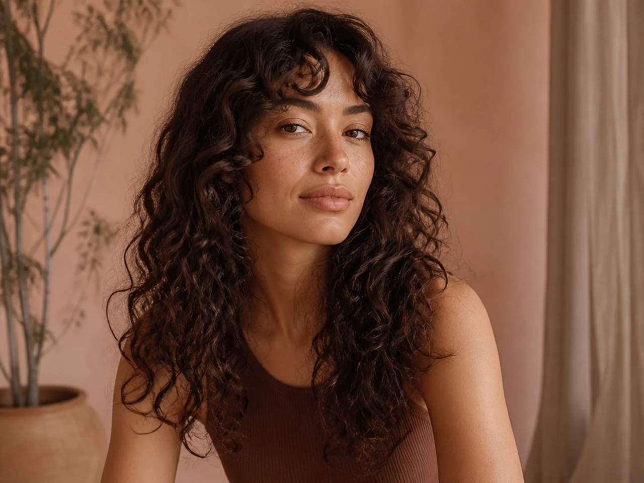 Curly long hair with a dry cut curtain fringe springing away from the face