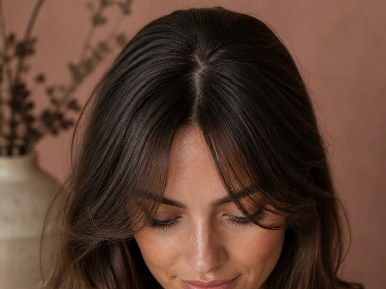 A front hairline cowlick used as the natural parting point for curtain bangs