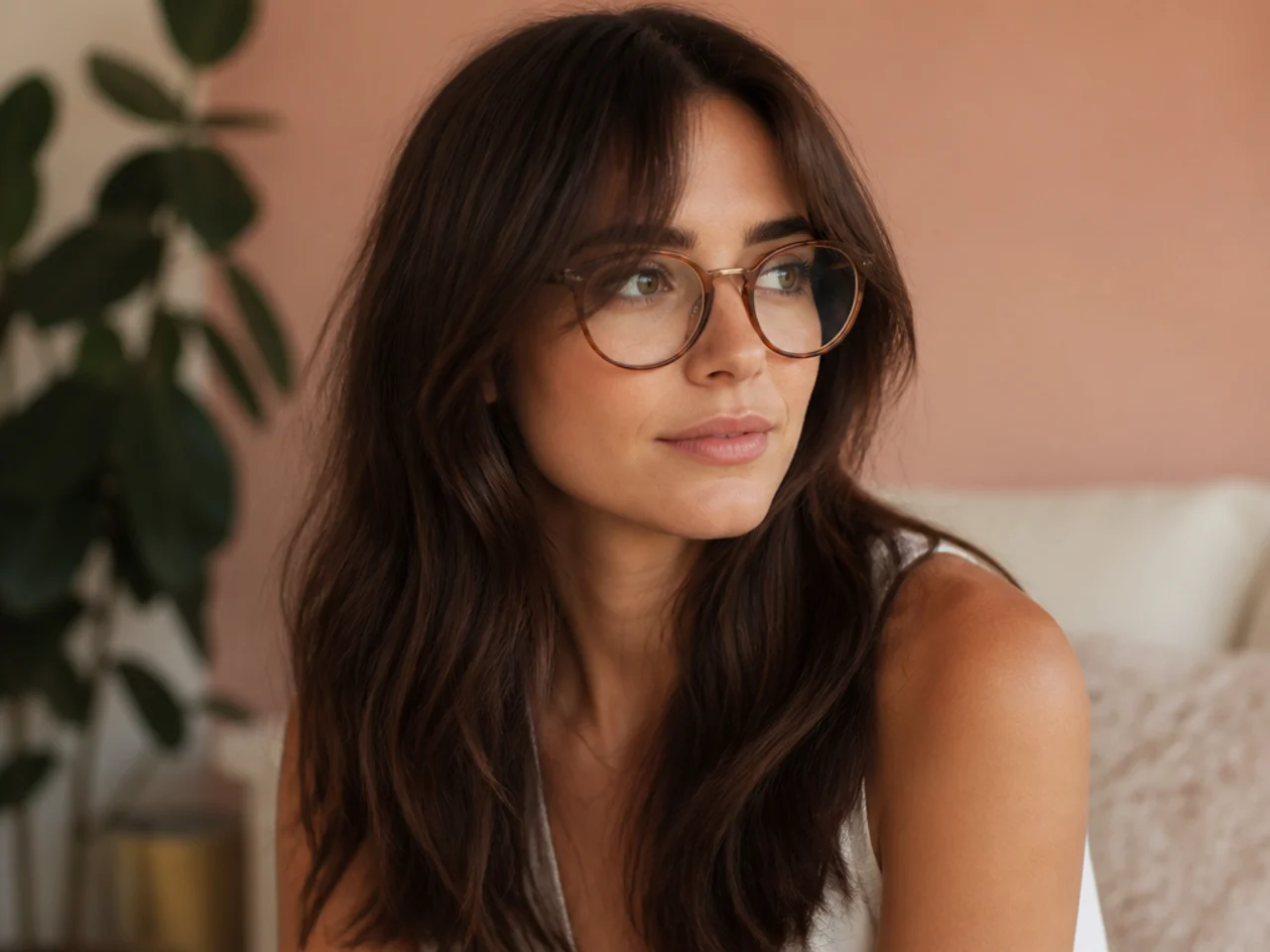 Curtain bangs falling either side of glasses frames without touching the lenses