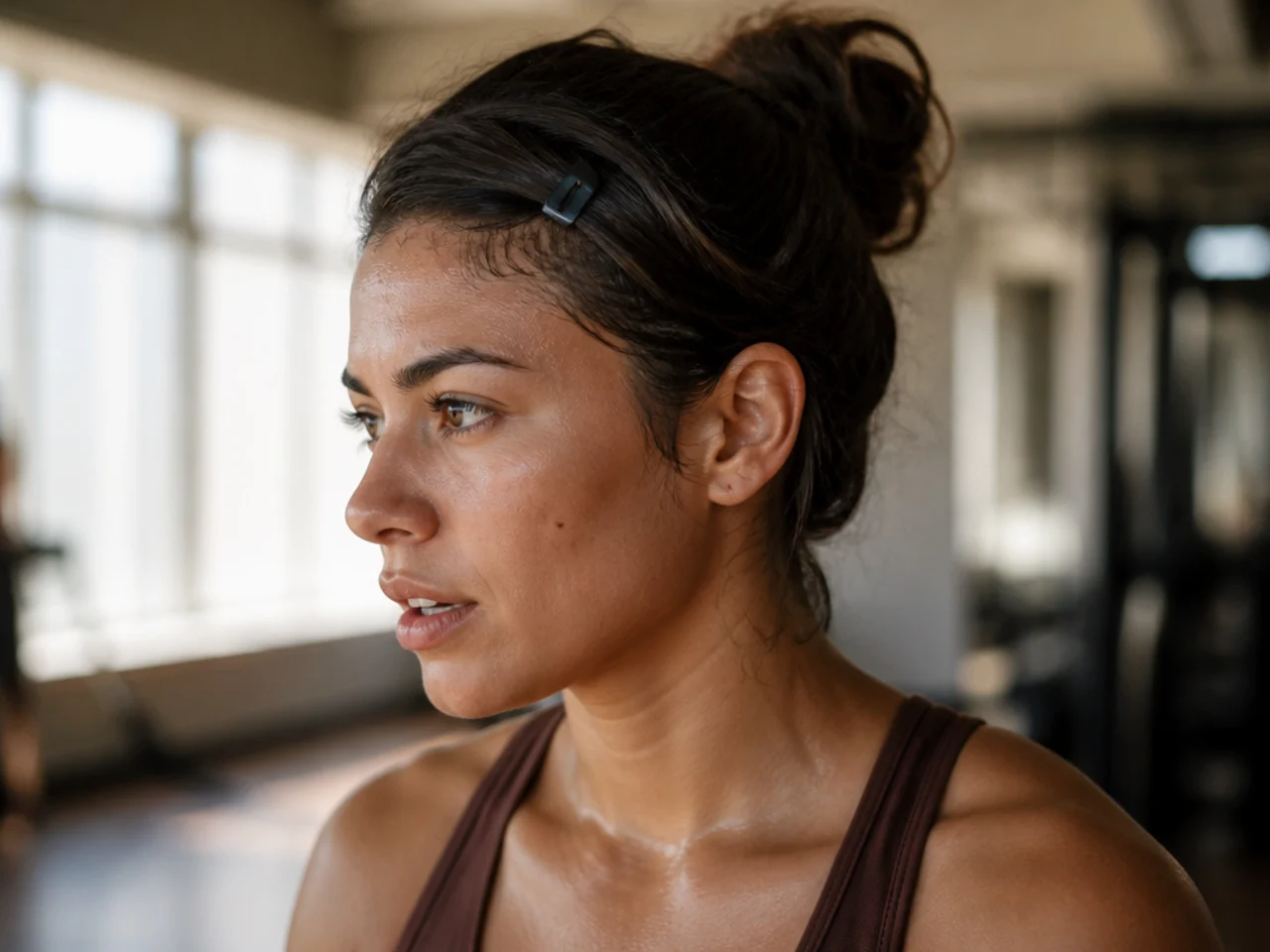 A side fringe pinned back off a damp forehead during exercise