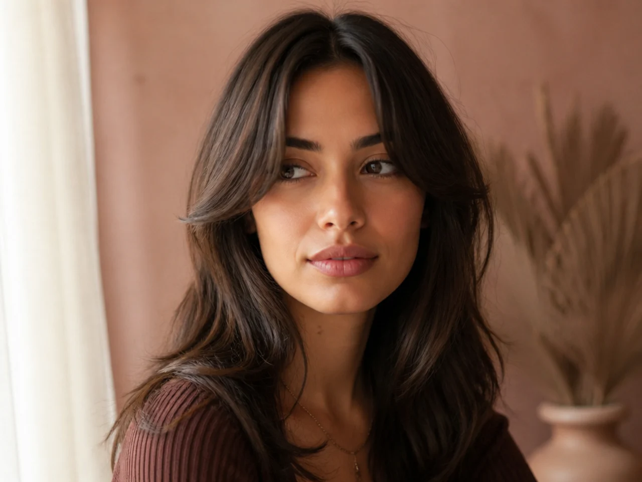 Curtain bangs sitting clear of the forehead at the sides with a centre split