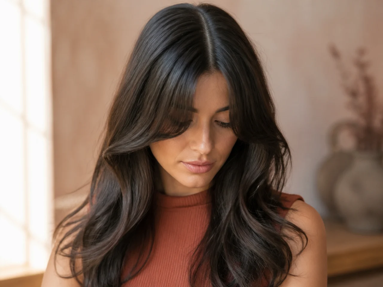 A centre part running unbroken from curtain bangs back through long hair