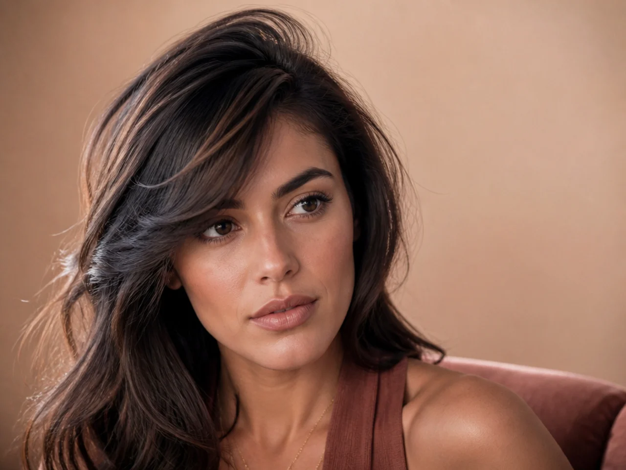 A deep side part with a fringe sweeping in the same direction and lifted roots