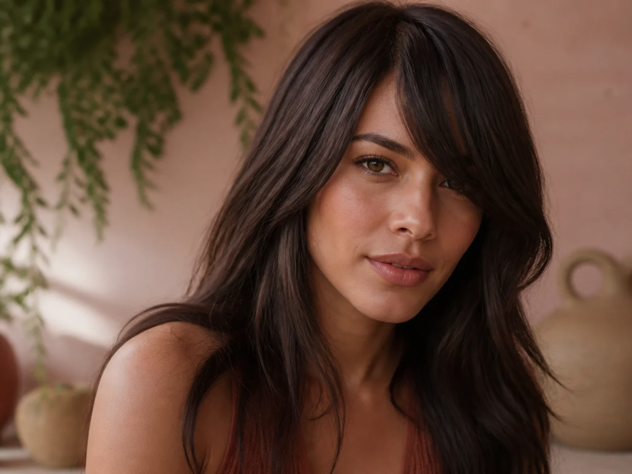A long face with a side fringe sweeping diagonally across the forehead