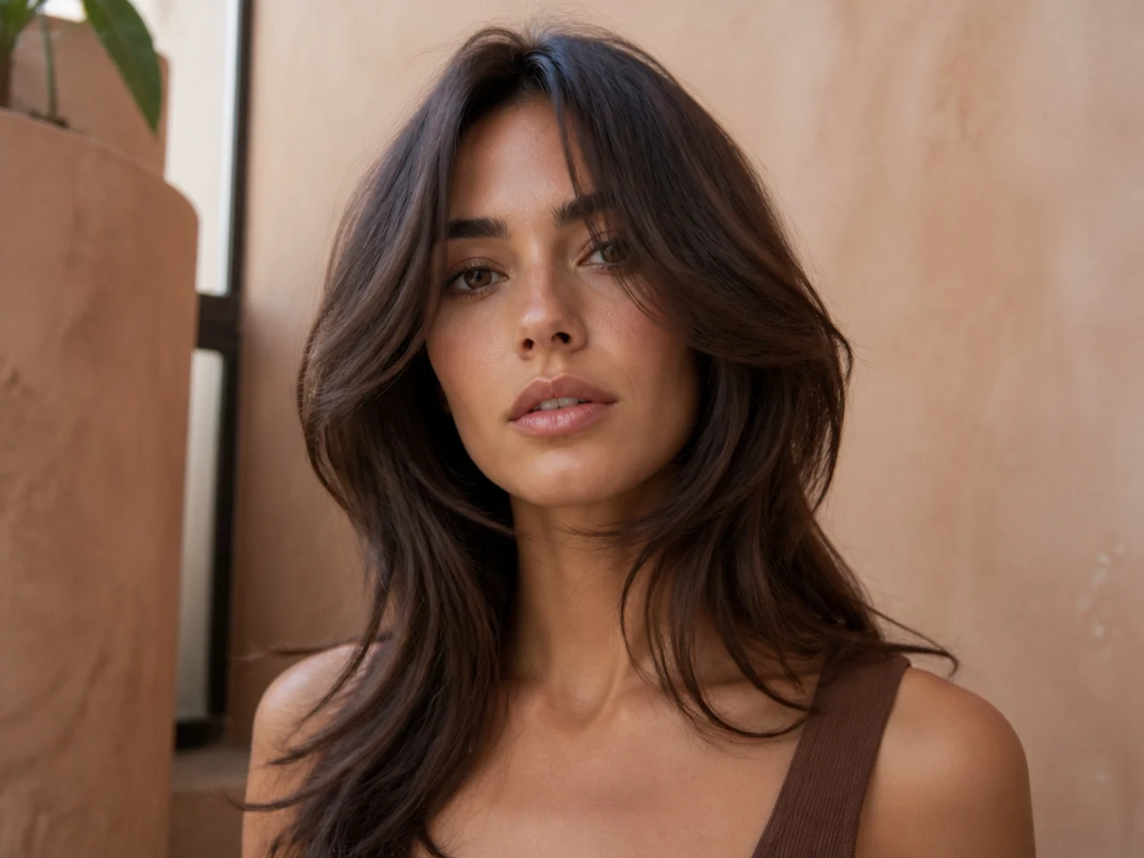 A square jawline with curtain bang ends curving along the cheek and jaw