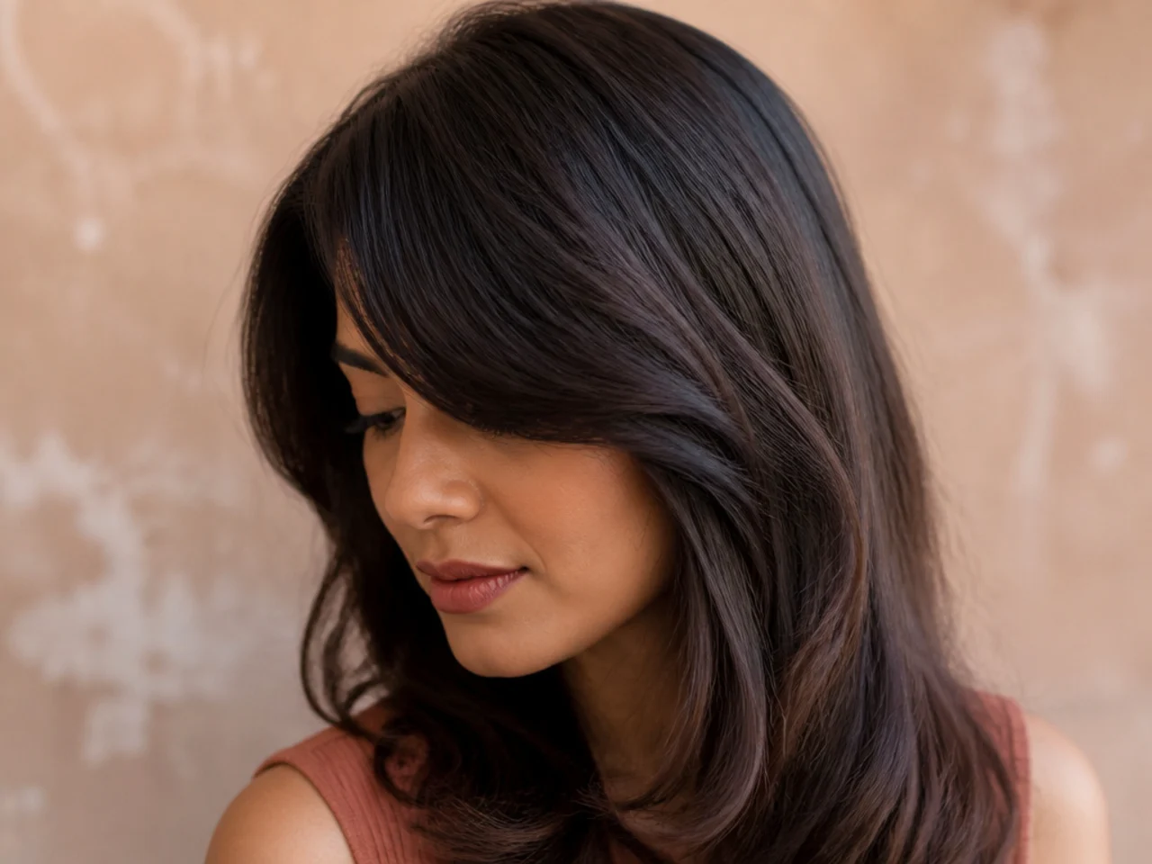 A high forehead fully covered by a swept side fringe