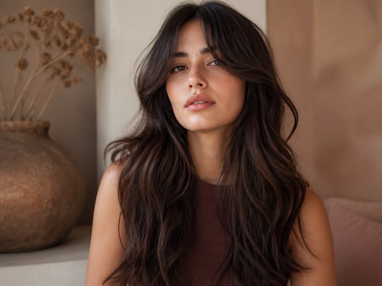 Thick long hair with curtain bangs split evenly into two lying halves