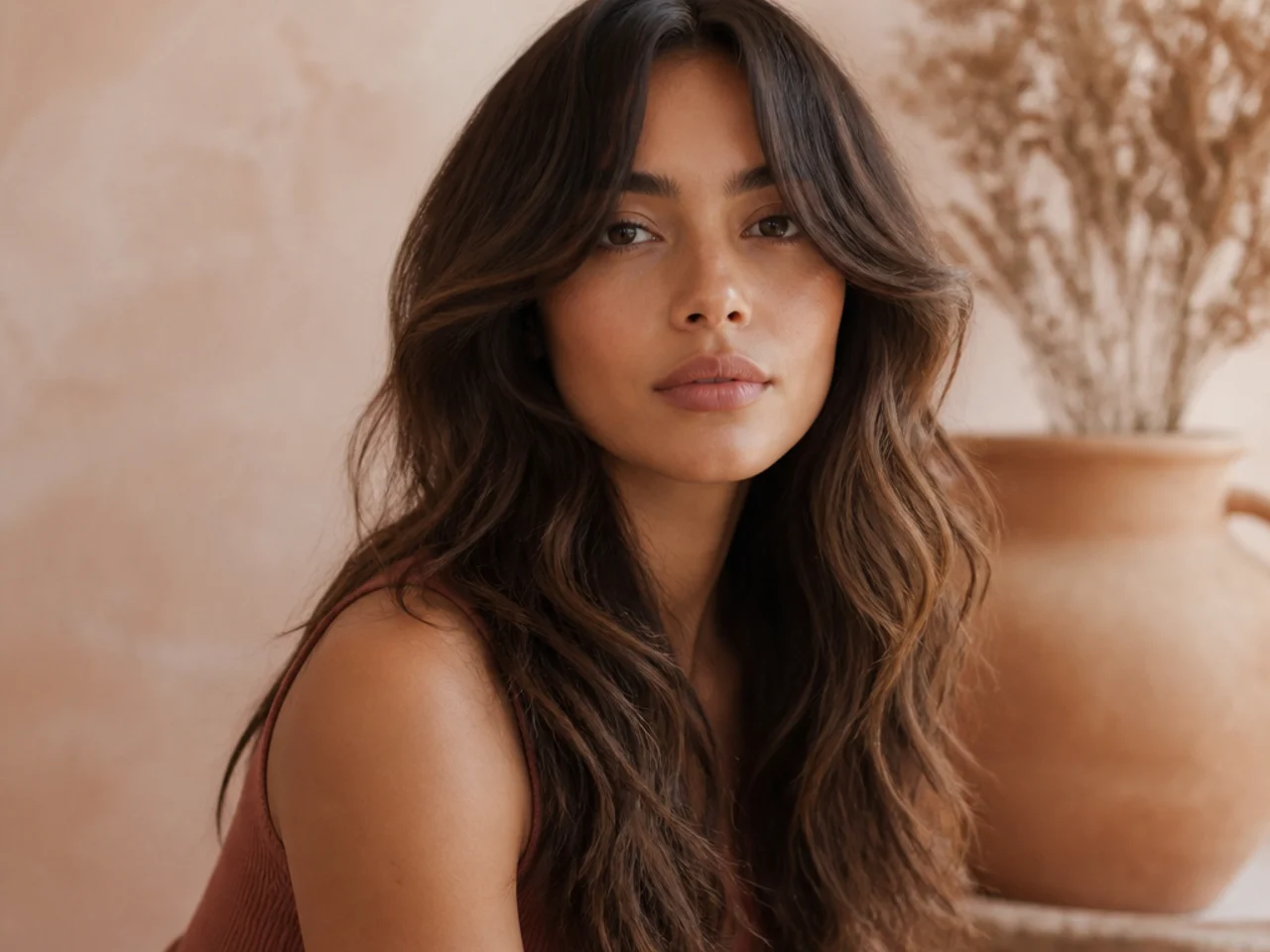 Wavy long hair with curtain bangs curving outward at the ends on their own