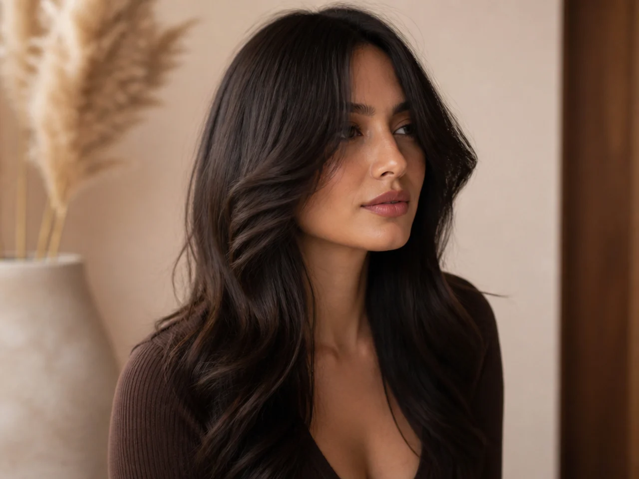 Three quarter view of long hair with curtain bangs framing the cheekbones