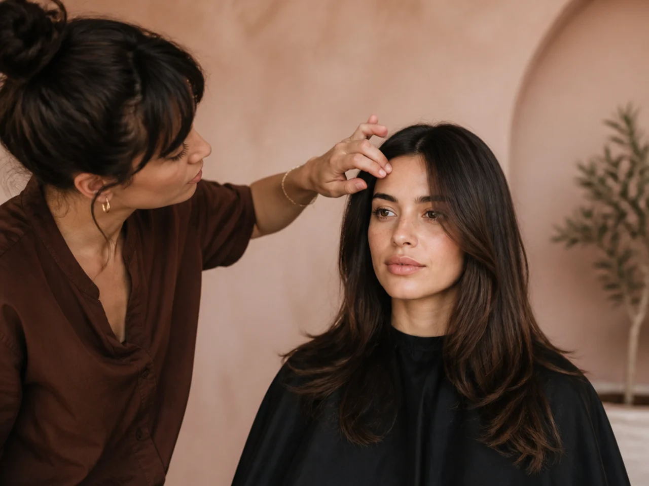 A stylist checking hairline direction at the front of a long haired model before cutting a fringe