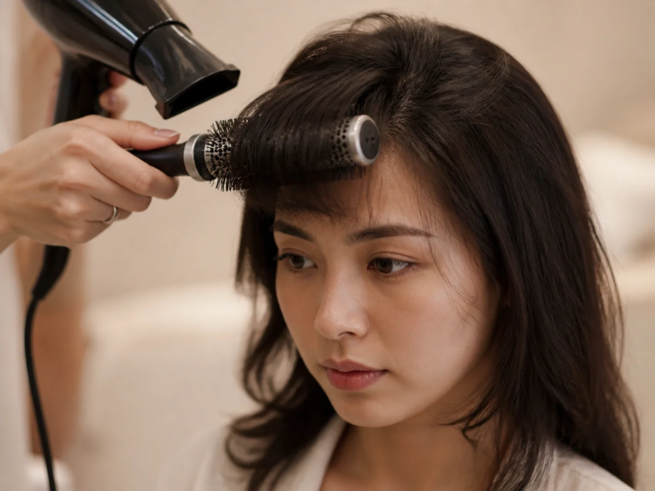 A round brush drying a fringe forward and away from the forehead