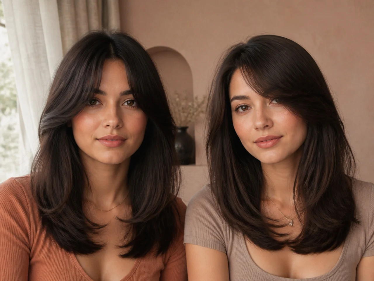 Close comparison of a centre split curtain fringe beside a single direction side fringe
