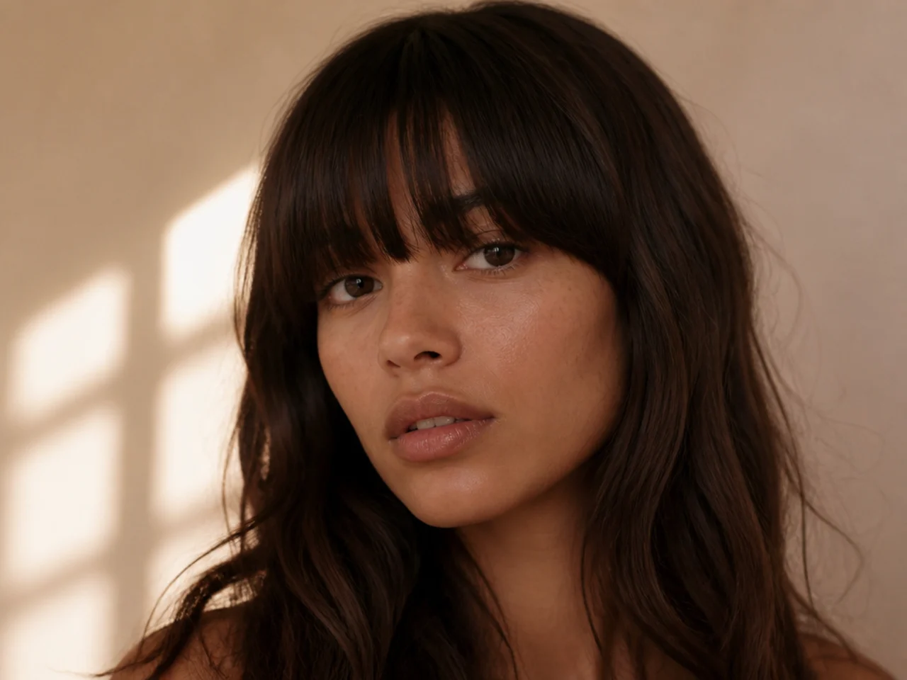 A dense fringe with solid weight falling on both sides of the forehead