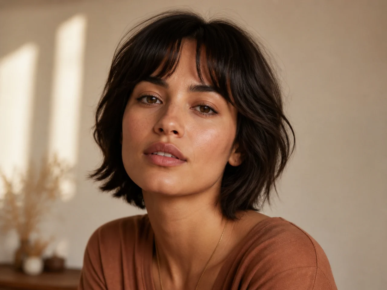 A short fringe sitting above the eyebrows with a soft split in the middle