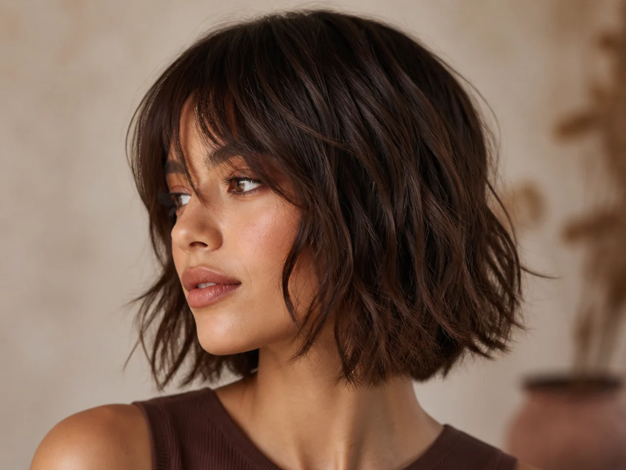 A fringe with no visible end point melting seamlessly into the sides of a wavy bob