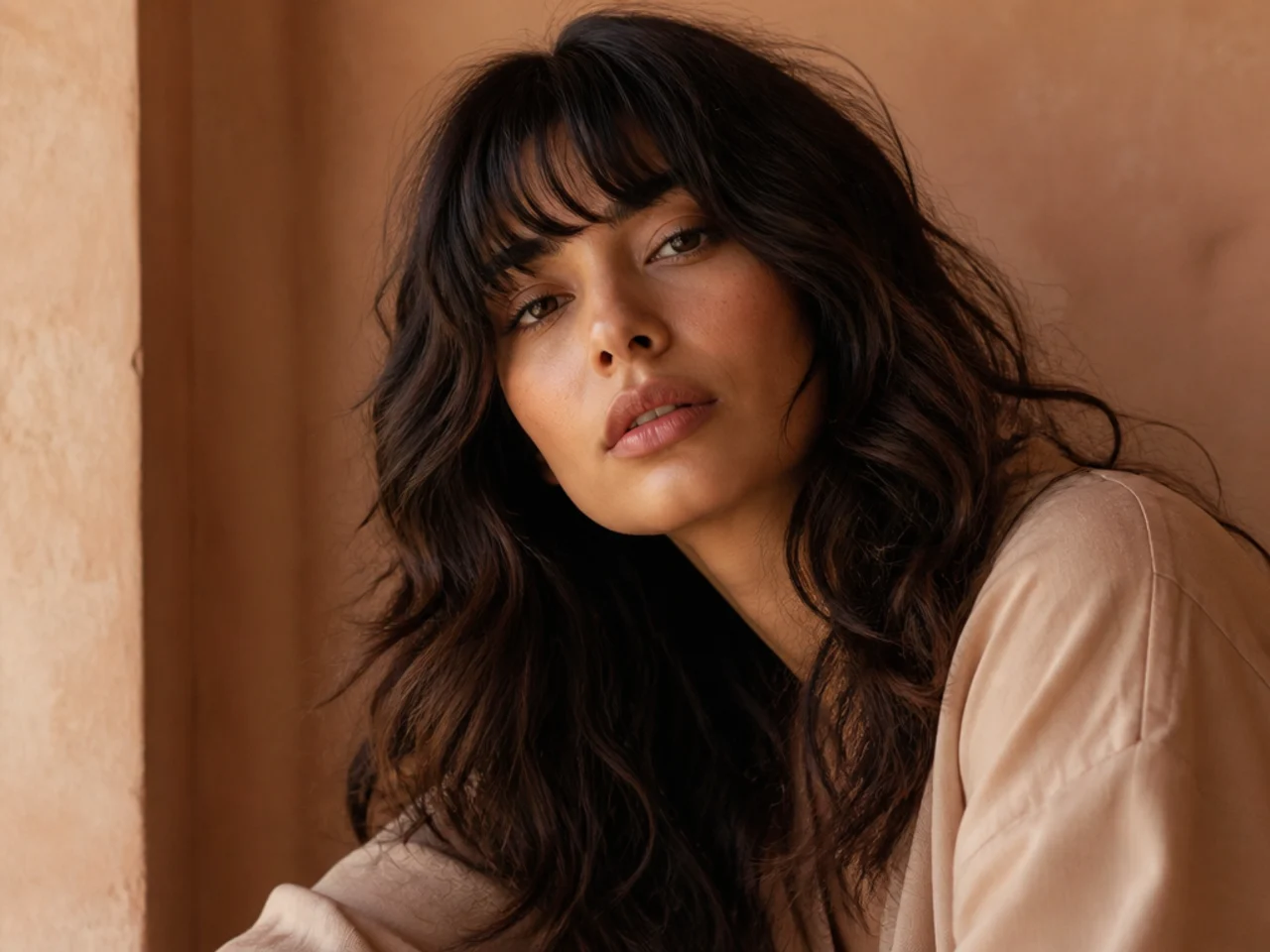 Thick coarse waves with a fringe cut long and softened at the ends