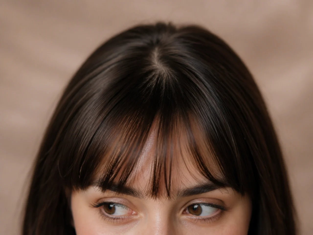 A wide fringe section lying flat across a forehead with a natural hairline swirl