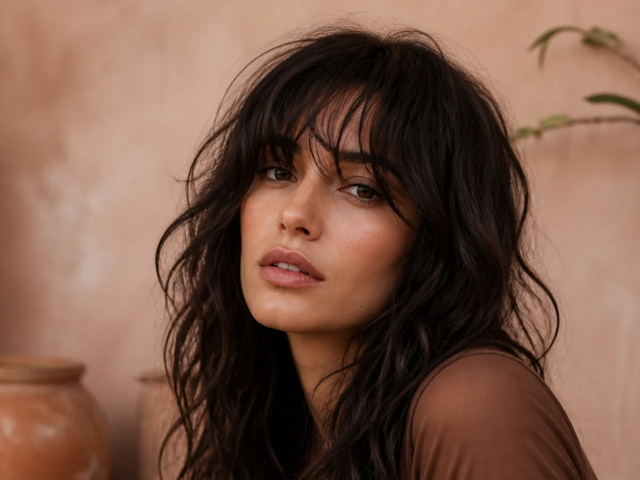 A naturally dried wavy fringe falling in separated textured pieces
