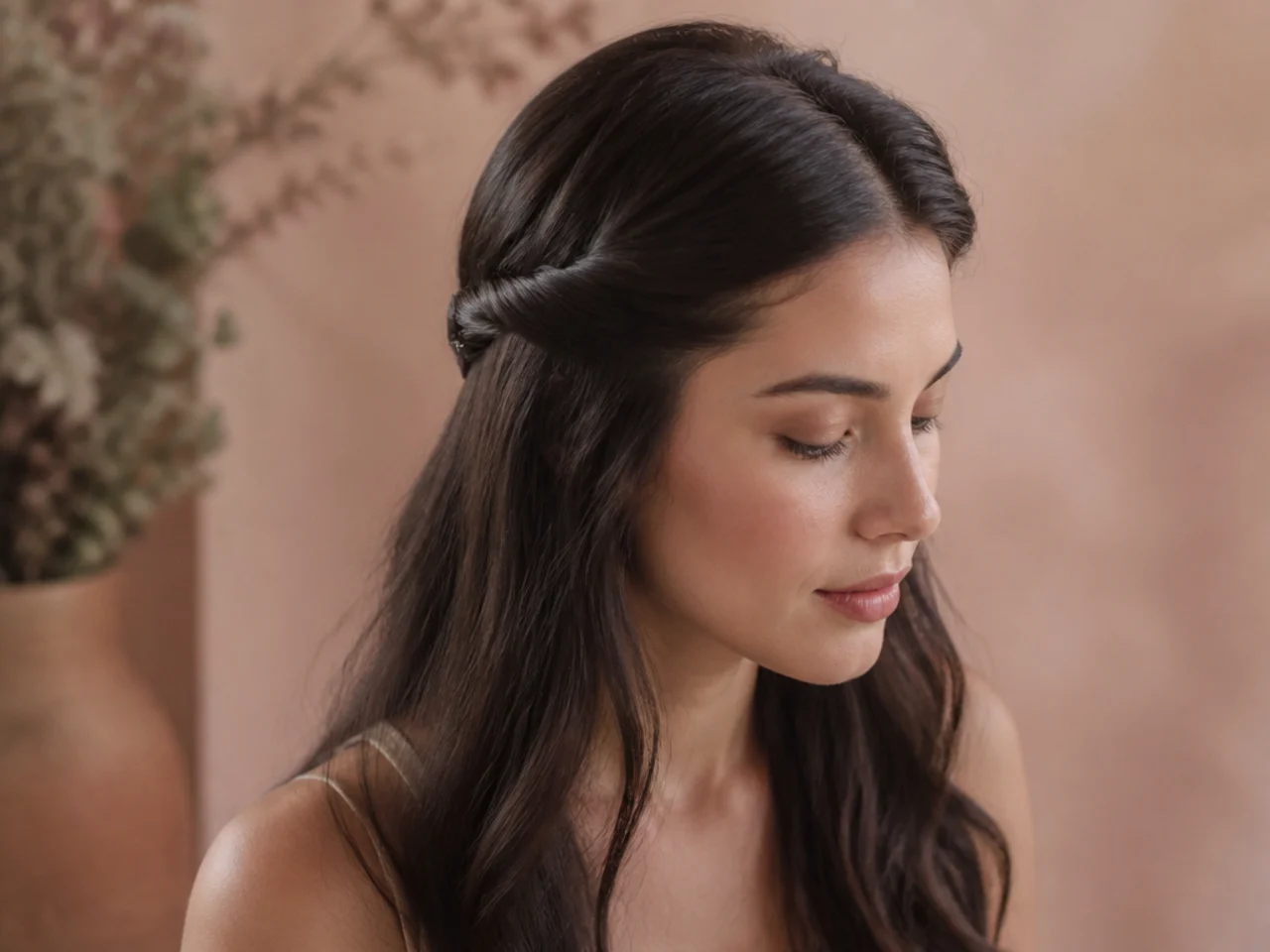 A fringe twisted back on both sides and secured with small clips behind the ears