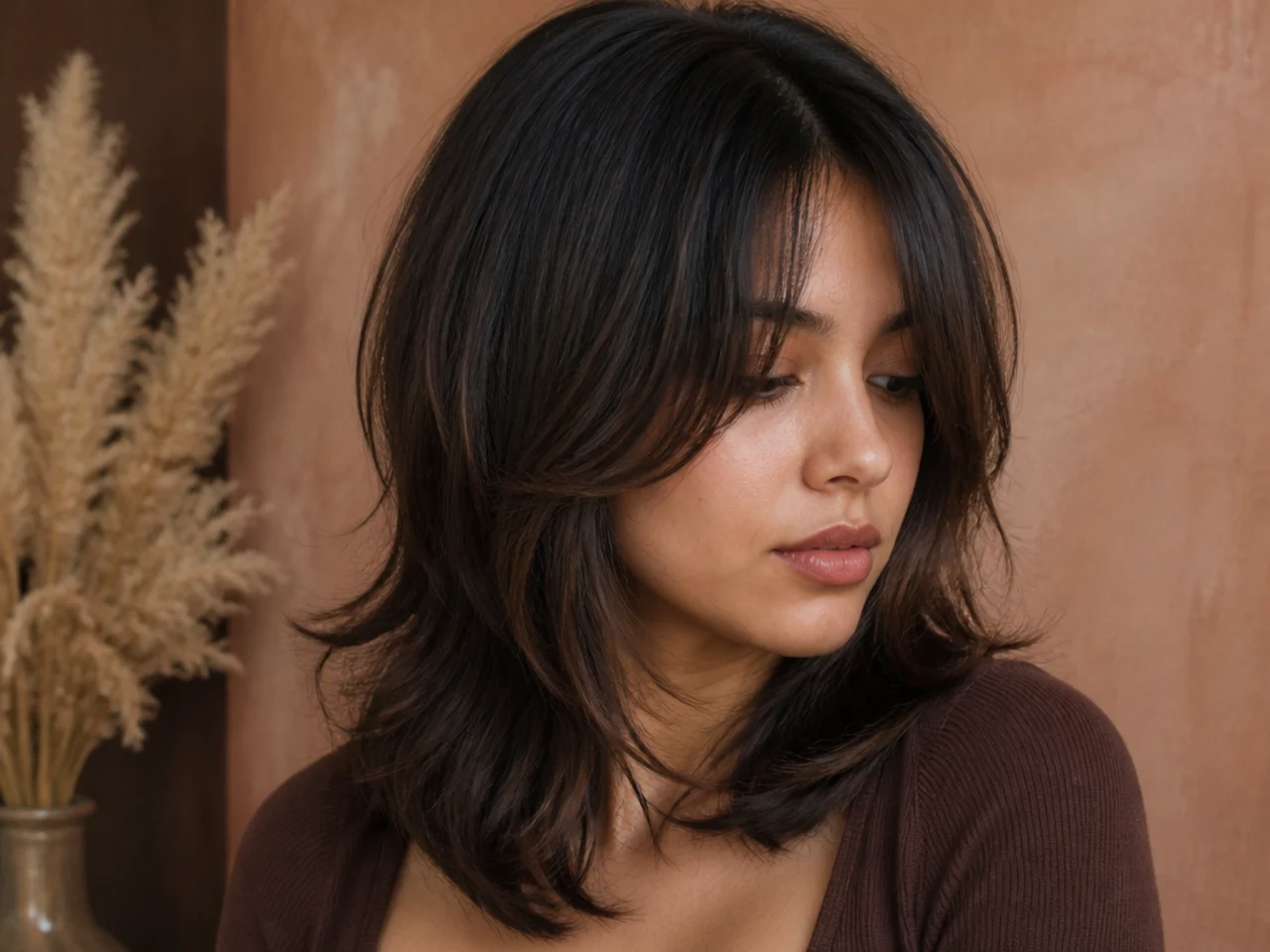 A round face with a long fringe running past the cheeks down to the jaw