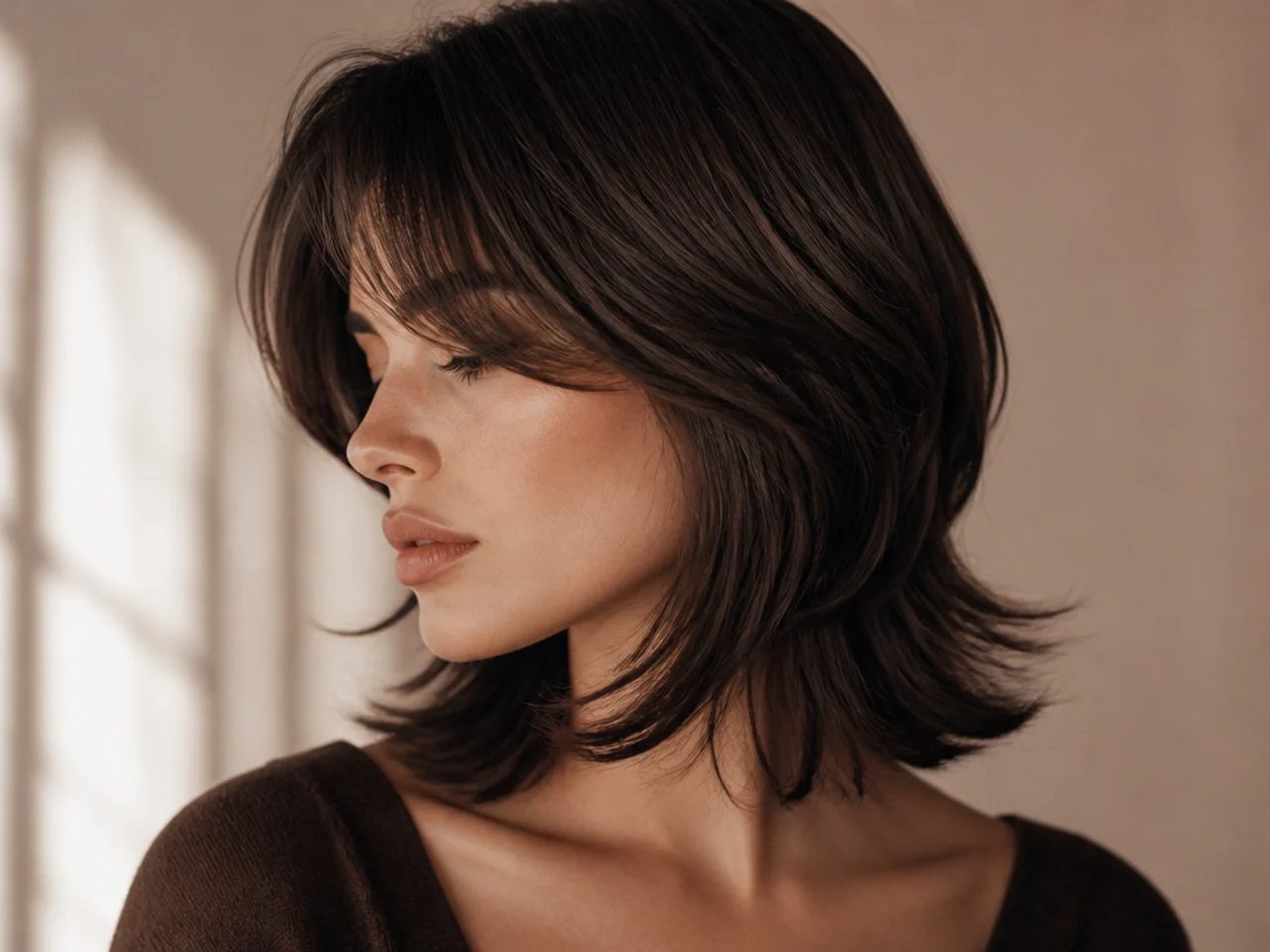 A strong jawline with tapered fringe ends sweeping past it in a curve