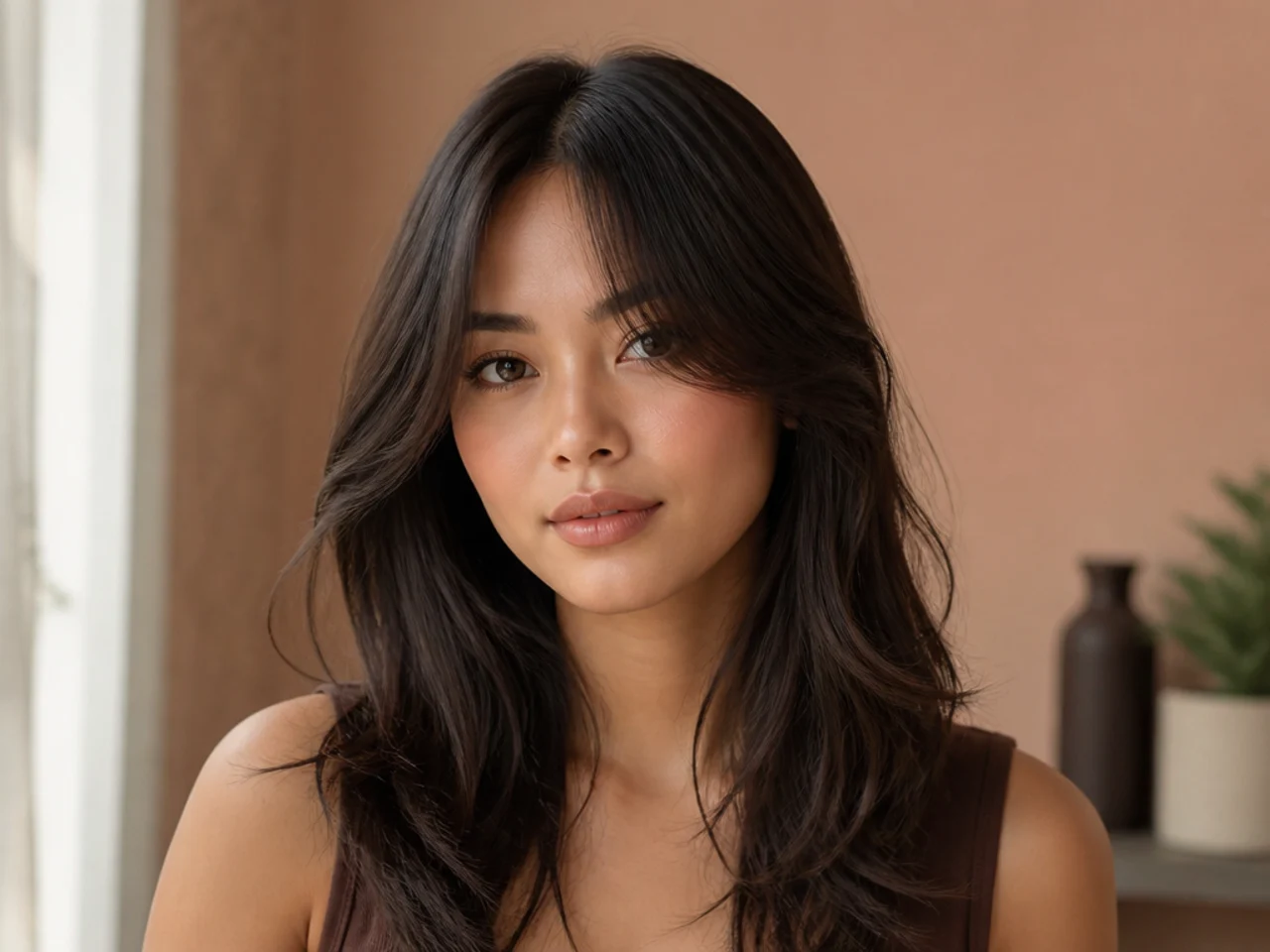An even fringe opening from the middle of the forehead with matching sweeps on both sides
