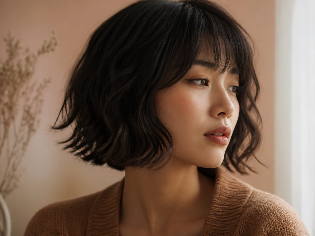 A chin length wavy bob with a short fringe melting into the side sections