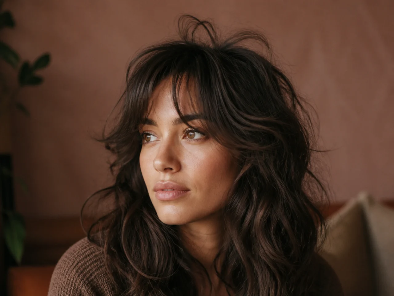 Choppy crown layers standing up above a soft split fringe on wavy hair