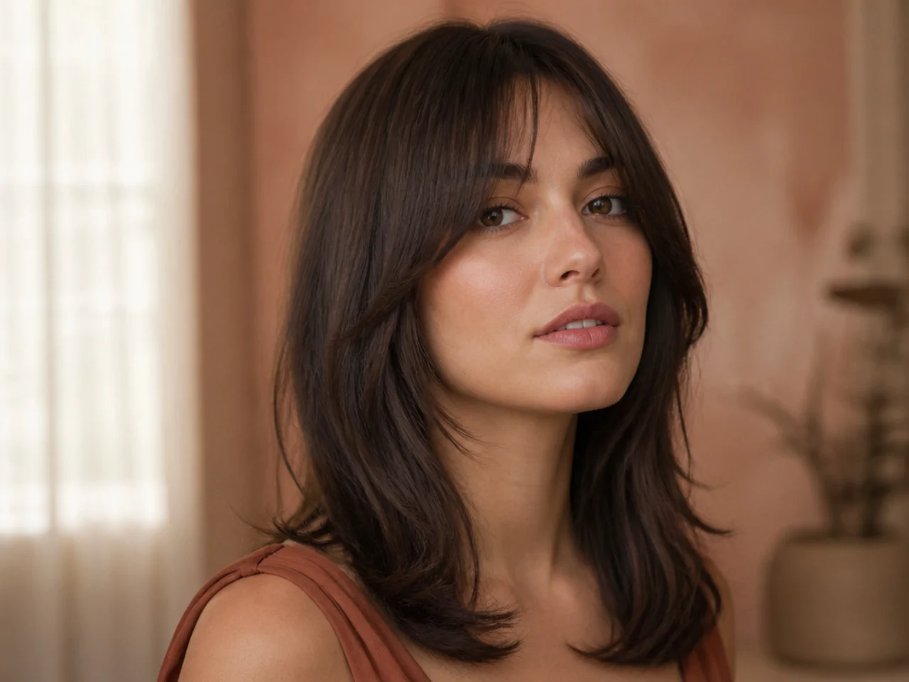 A fringe running unbroken into shorter layers along both cheeks