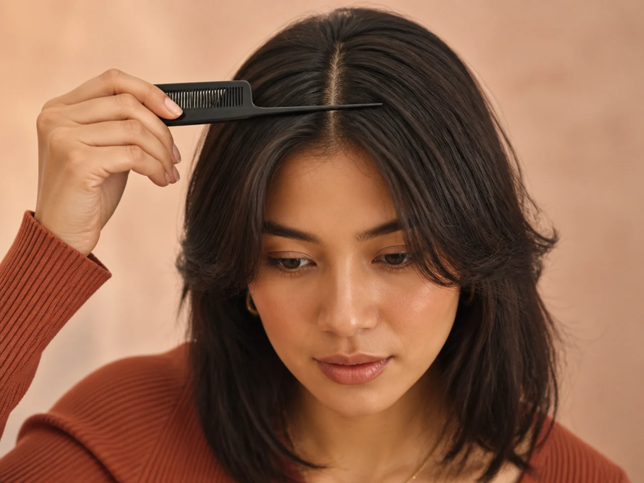 A comb dividing a dried fringe down the centre with both sides falling away from the face